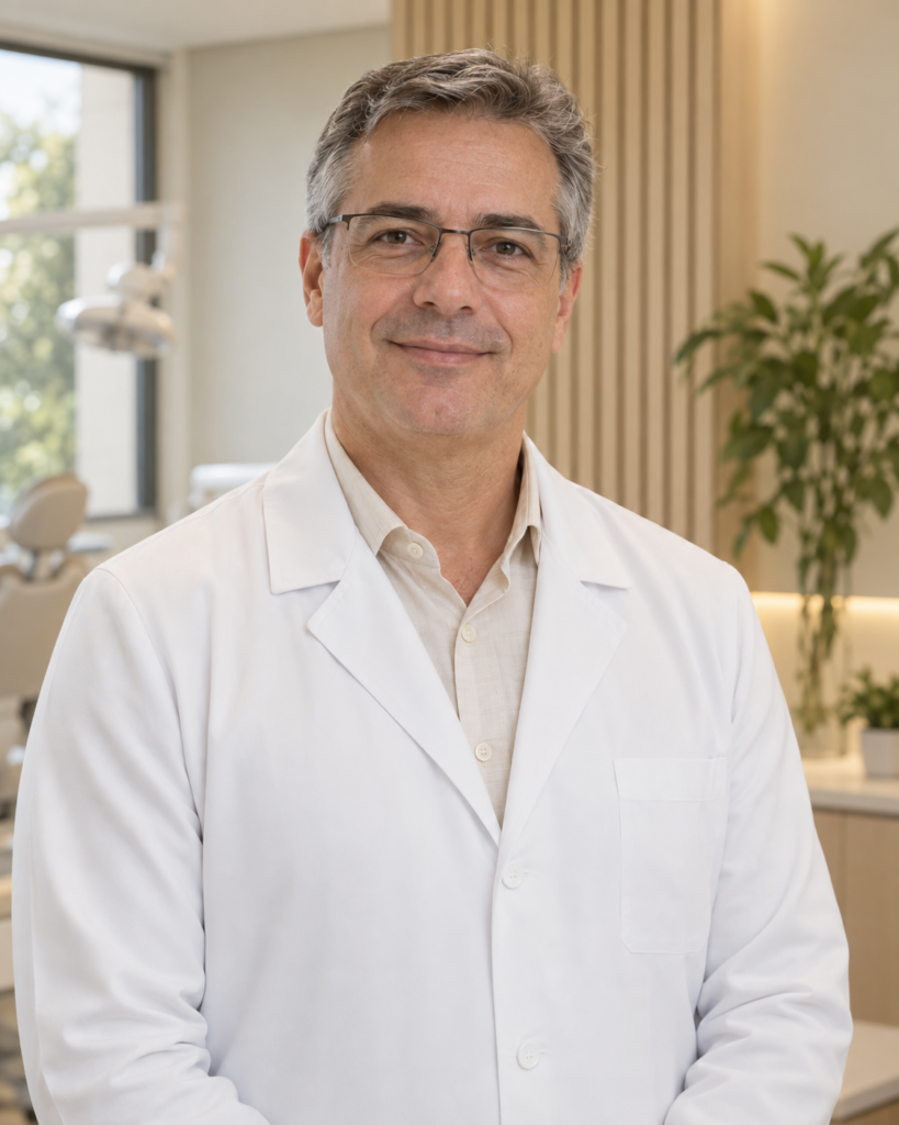 Retrato ilustrativo do Dr. André Carvalho, perfil fictício de ortodontia da Clínica Aurora.