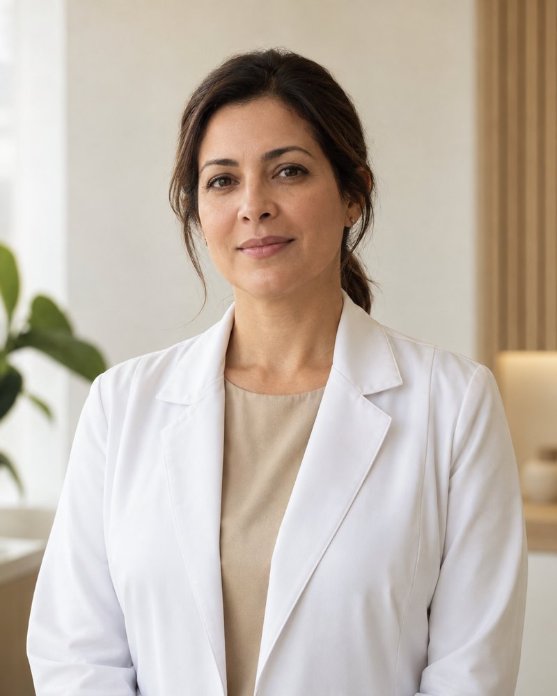 Retrato ilustrativo da Dra. Helena Marques, responsável técnica fictícia da Clínica Aurora.