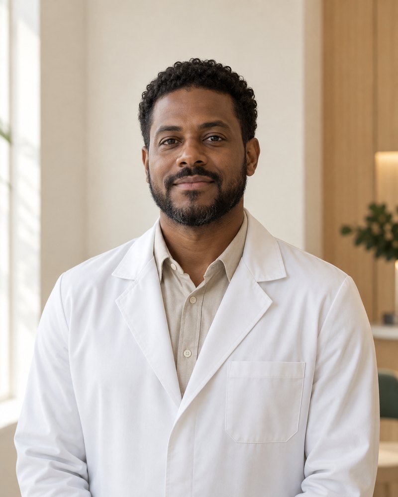 Retrato ilustrativo do Dr. Rafael Costa, perfil fictício de implantodontia da Clínica Aurora.