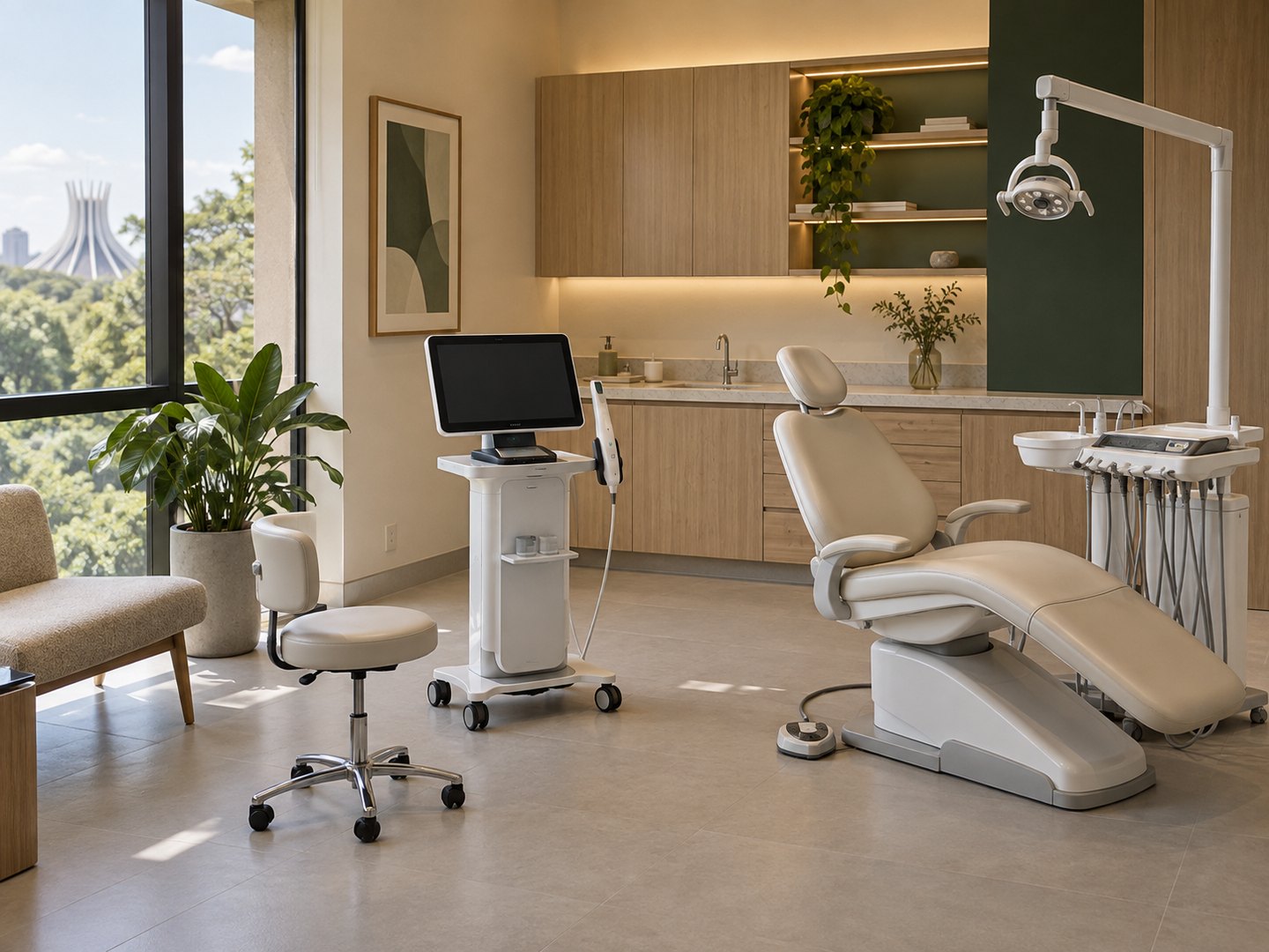 Consultório demonstrativo da Clínica Aurora, com cadeira odontológica e mobiliário em madeira clara.